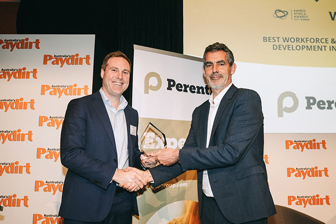 2021 Africa Awards Winner Perenti Chief of People Ben Davis accepts the Best Workforce and Industry Development Initiative Award